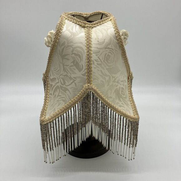 VTG Dale Tiffany Lamp Shade Cream Heart Glass Beaded Fringe Boudoir Romantic - Picture 5 of 16